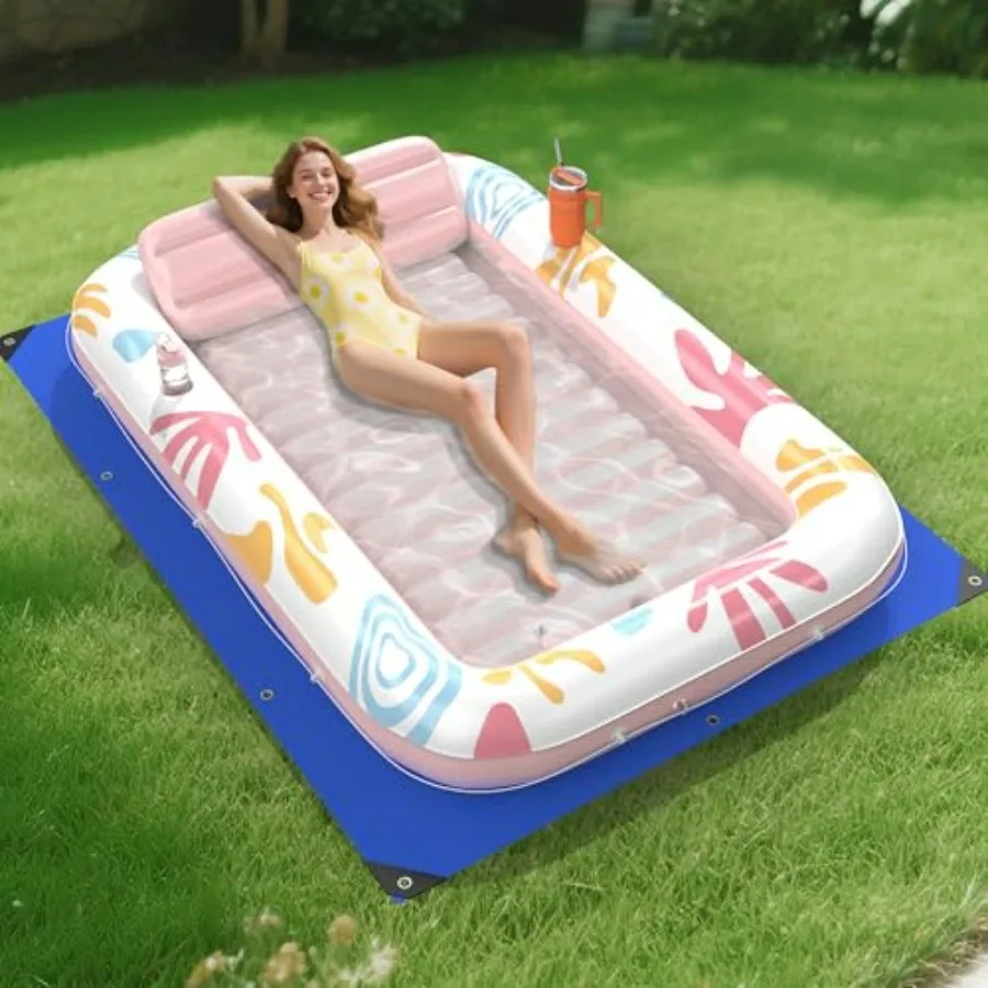 

Inflatable tanning pool lounger float for outdoor sunbathing, PVC material, pink champagne color, includes protection tarp and