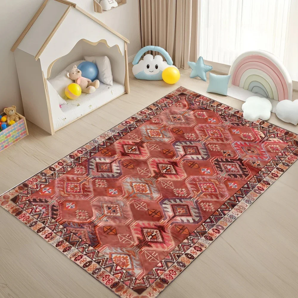 Vintage Floral Pattern Carpet with Burgundy Border Traditional Style Non-Slip Soft Mat for Living Room Bedroom Home Decor