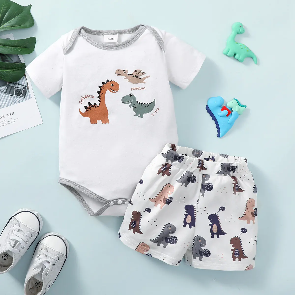 0-24 Months Toddler Baby Boy 2PCS Suit Set Cartoon Dinosaur Short Sleeve Bodysuit+ Shorts Fashion Cute Soft Newborn Summer Wear