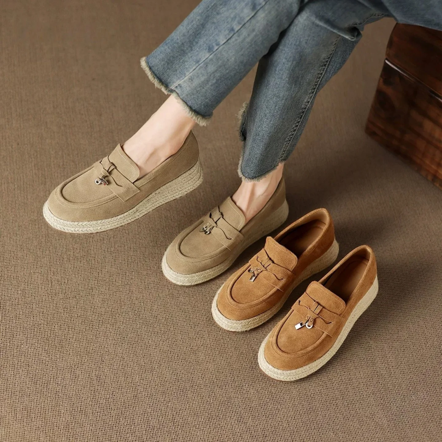 Women's Bean Boots Thick Bottom Slip-On Shoes Casual Fashion British Style round Toe mid Heel Easy Wear Spring Autumn Winter
