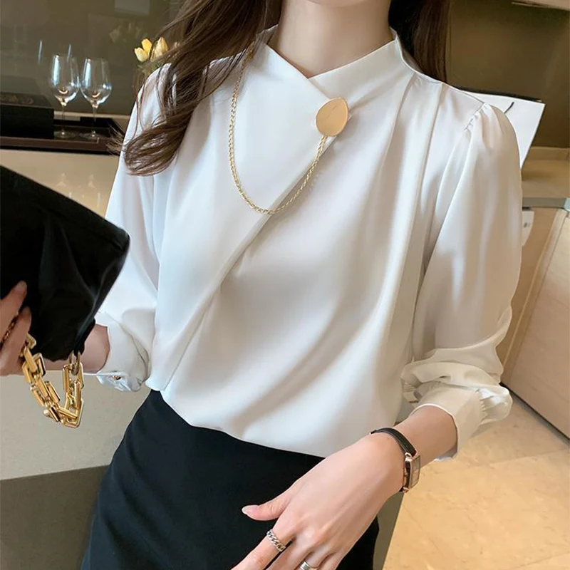 Solid Color Elegant Long Sleeve Work Wear Shirt Women Fashion Irregular Aesthetic O-Neck Shirts New Temperament Ol Formale Shirt