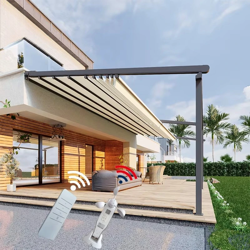 Factory Direct 2026 Electric Retractable Roof Pergola Project Aluminum Alloy Structure PVC Fabric Roof Weather Resistant
