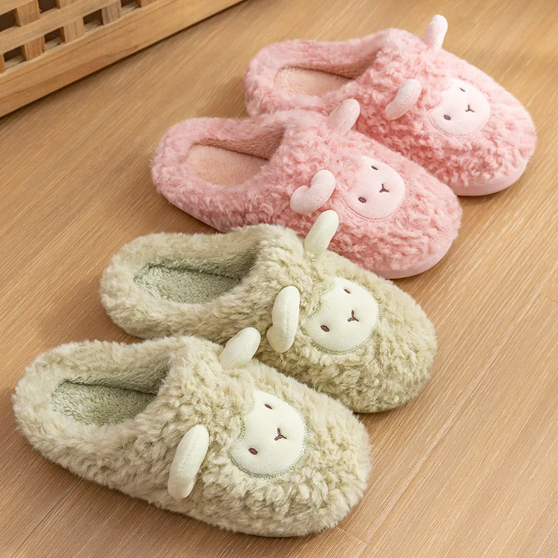 Women Men Cute Sheep Plush Slippers Winter Fluffy Warm Lined Non Slip Fluffy Indoor Outdoor Cartoon Animal Couple House Footwear