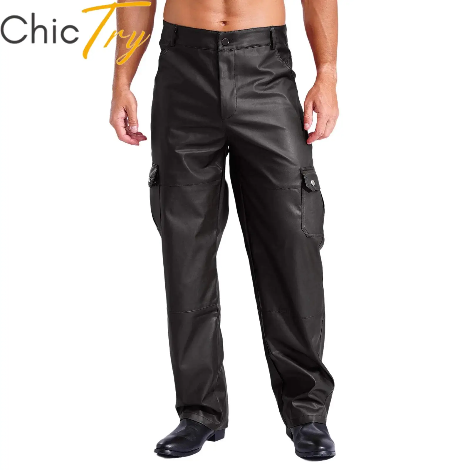 Mens PU Leather Pants Multiple Pockets Zipper Straight Leg Trousers Motorcycle Cargo Pants for Music Party Clubwear Costumes