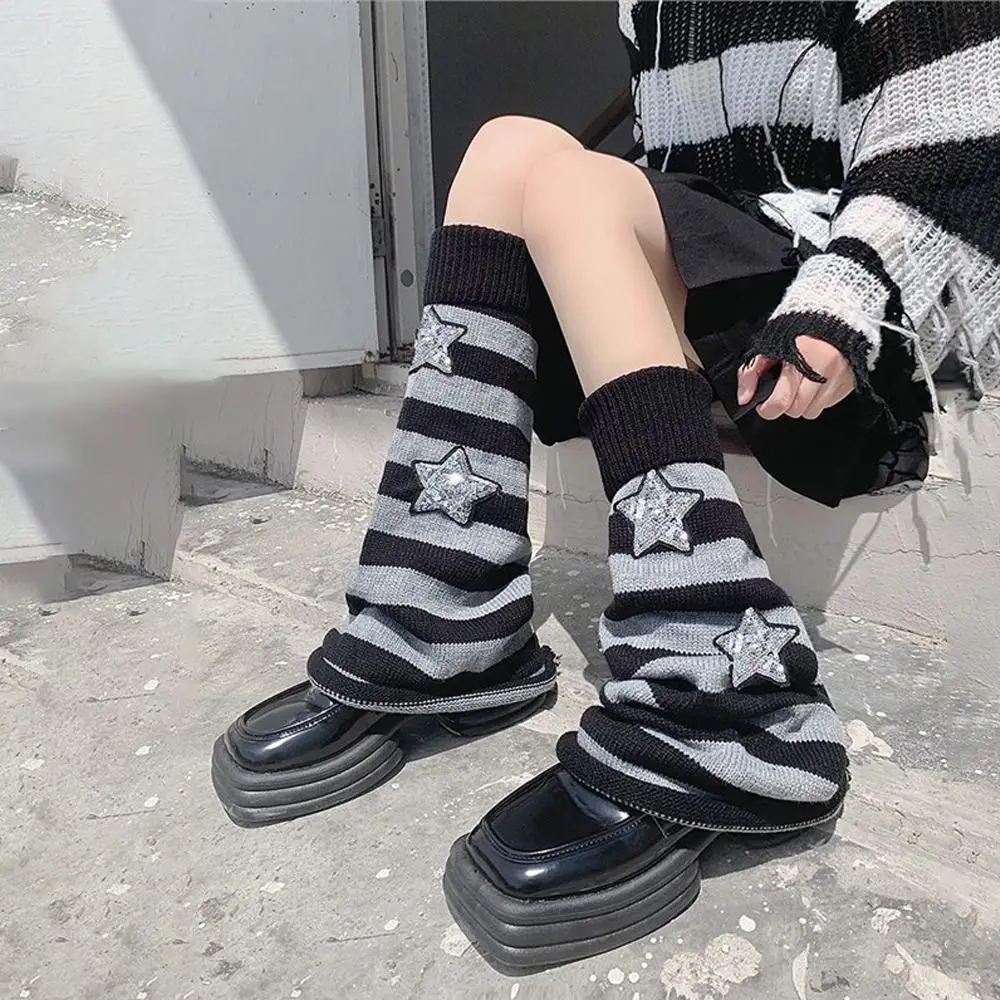 

Black White Grey Star Knitted Leg Warmers Winter Warm Warm Thigh Thigh High Stockings Elastic Cotton Women Long Socks Lolita JK