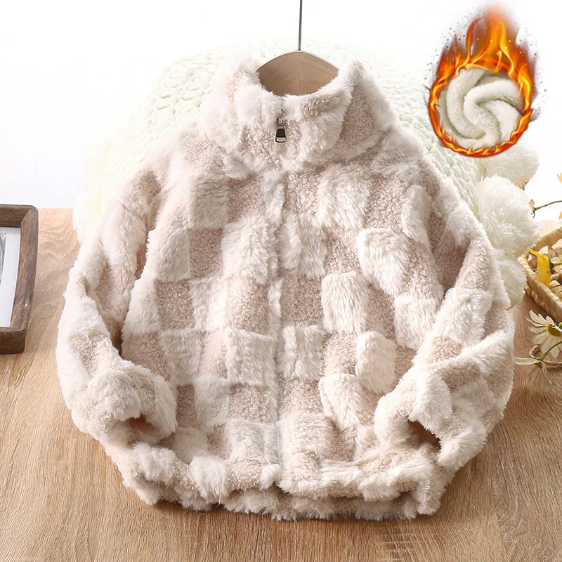 Boys and Girls Autumn and Winter New Checkered Thickened Cardigan Top Stand Up Neck Zipper Coat Windproof and Warm Fashion Coat