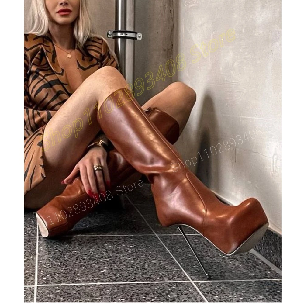 

Autumn Brown Matte Leather Mid Calf Boots Side Zipper Metal Stiletto High Heel Fashion Sexy Women Shoes 2024 New Para Mujere