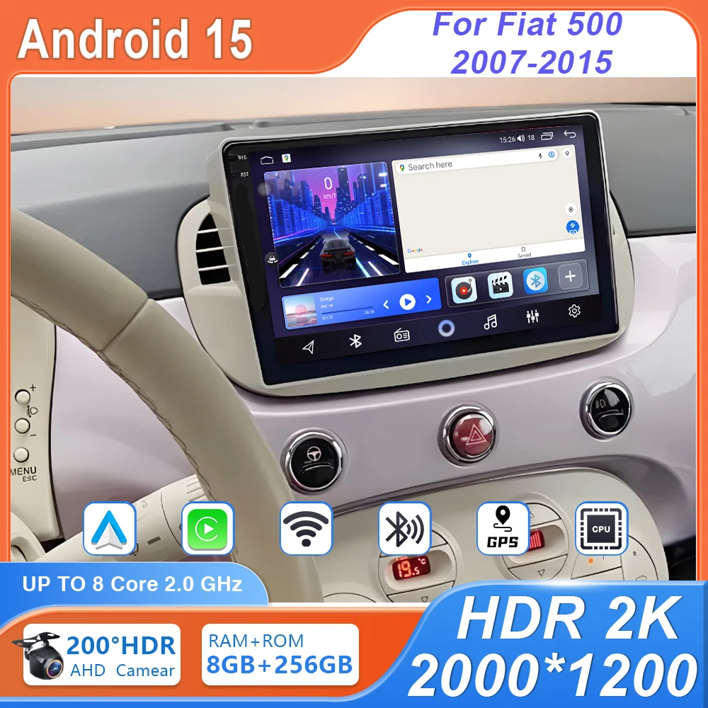 

9 inch Car Android 15 For Fiat 500 2007-2015 Auto Radio Multimedia Video Player Navigation Screen Audio High-performance GPS DVD