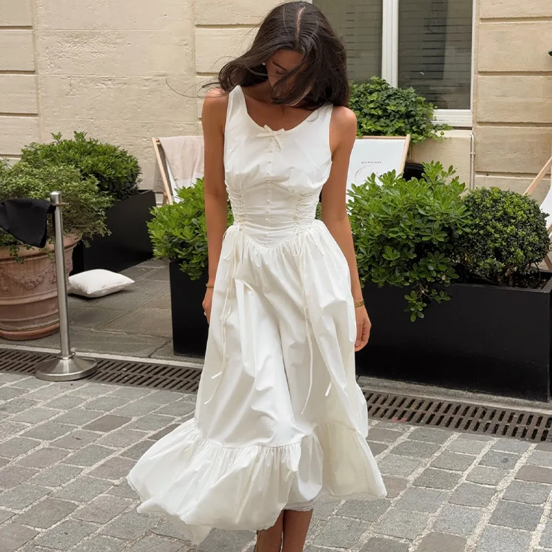 

2025 Summer Women's Side-Tie A-Line Midi Dress Elegant Hip-Skimming Lace Pure White French Relaxed Fit Sundress Romantic Dinner