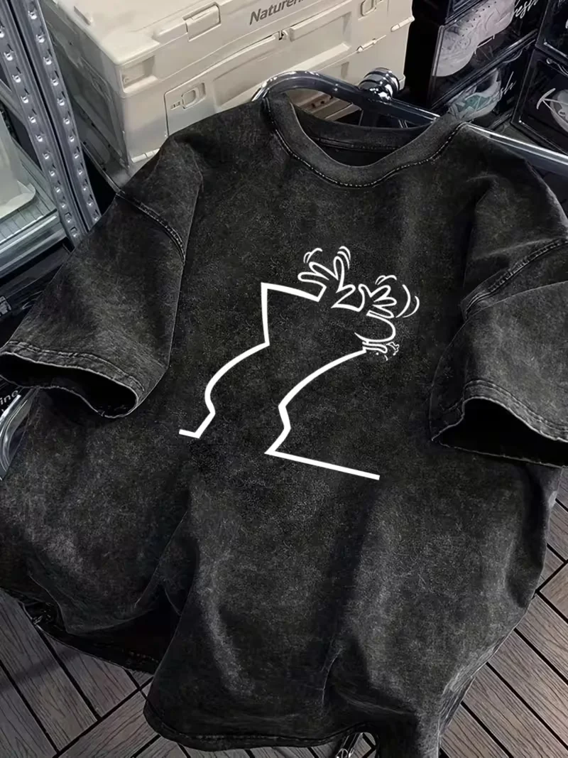 Funny Stick Figure & Cool Guy NICE Hat Graphic Acid Wash T-Shirt Vintage Streetwear Oversized Casual Tops for Men Women