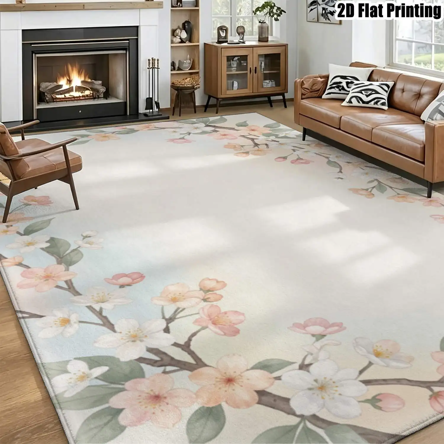 1Pc 2D Printed Carpet: Soft Pink & Light Apricot Flower Branch, Nordic/Instagram Modern Minimalist Style, Home Decor, Multi-Size, Machine Washable, Multi-Scene Use