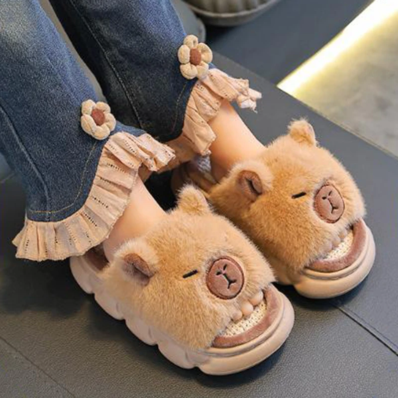

Cute Capibala Sweat Absorbing Linen Children's Slippers 2025 Winter Non Slip Thick Bottom Home Slippers Fluffy Fur Boy's Slides
