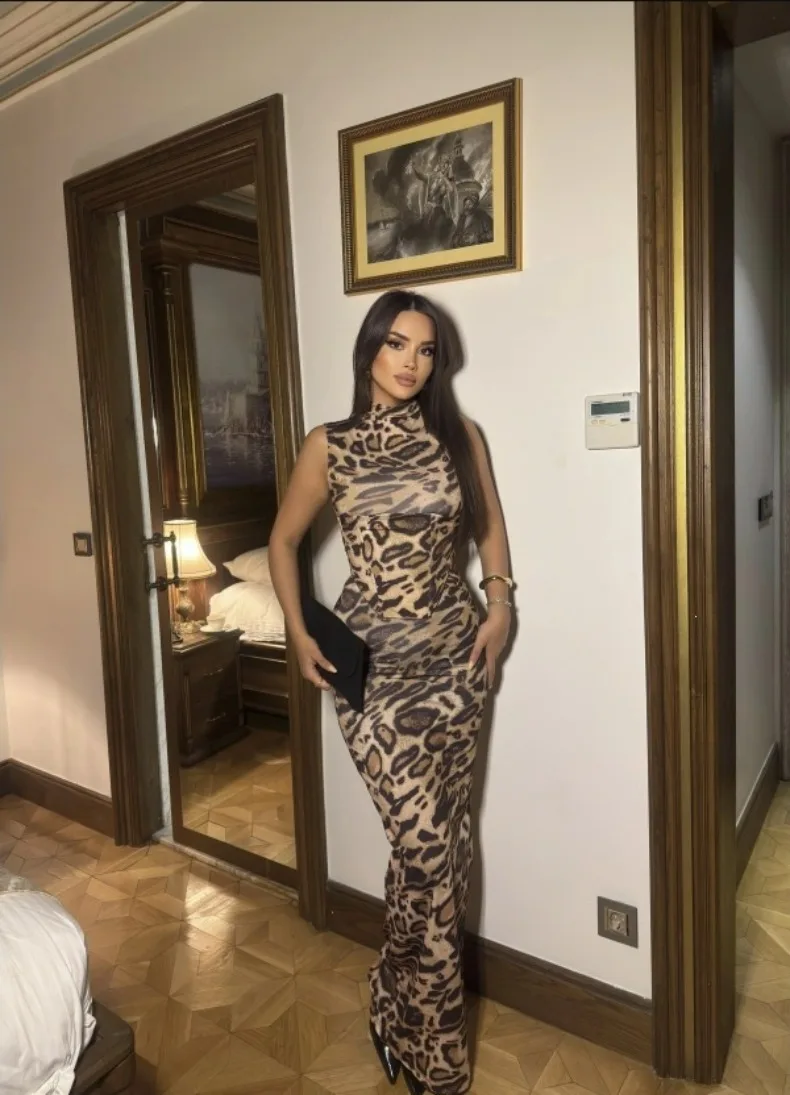 Leopardenmuster Tailliertes Slim-Fit-Kleid für Damen Zweiteiliges Set für Urlaub, Abendessen, Geburtstagsfeier Elegantes Damenkleid – Detail 14
