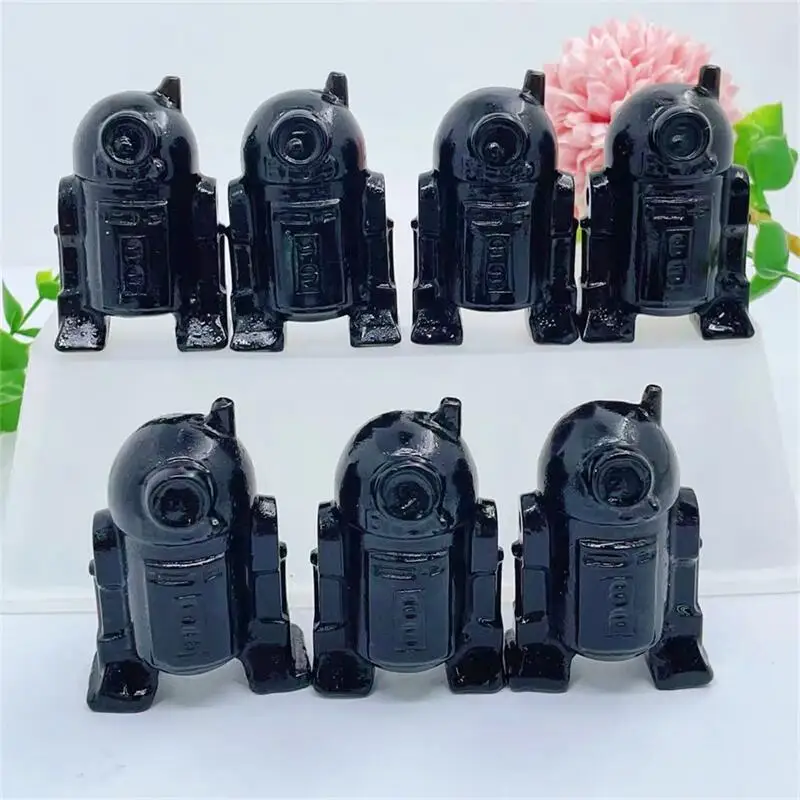 

6cm Natural Black Obsidian Cartoon Robot Handmade Carved Polished Statue Healing Healthy Children Toy Home Decoration Gift 1pcs