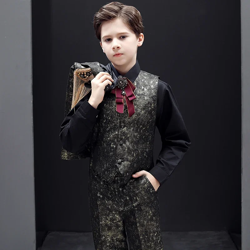 2024 New Flower Girl Boy Dress Five-piece Suit Handsome Children's Suit Small Suit Host Costume Model Catwalk Child's Clothes