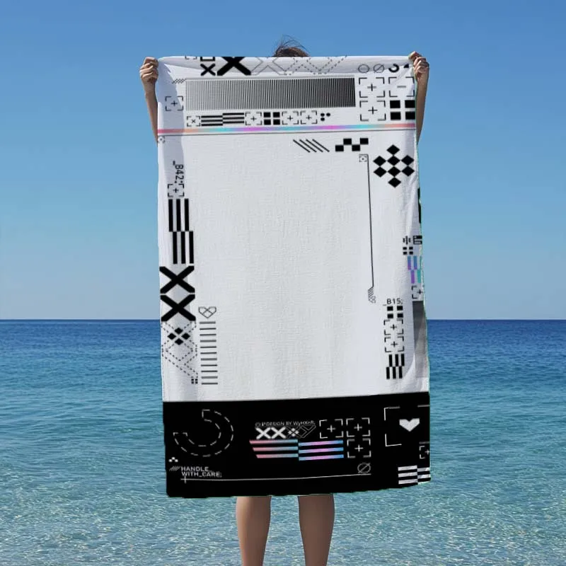 1pc Techwear Geometric Line Beach Towel Cyber Y2K Holographic Gradient Pattern Aesthetic Microfiber Quick Dry Sand Large Towel