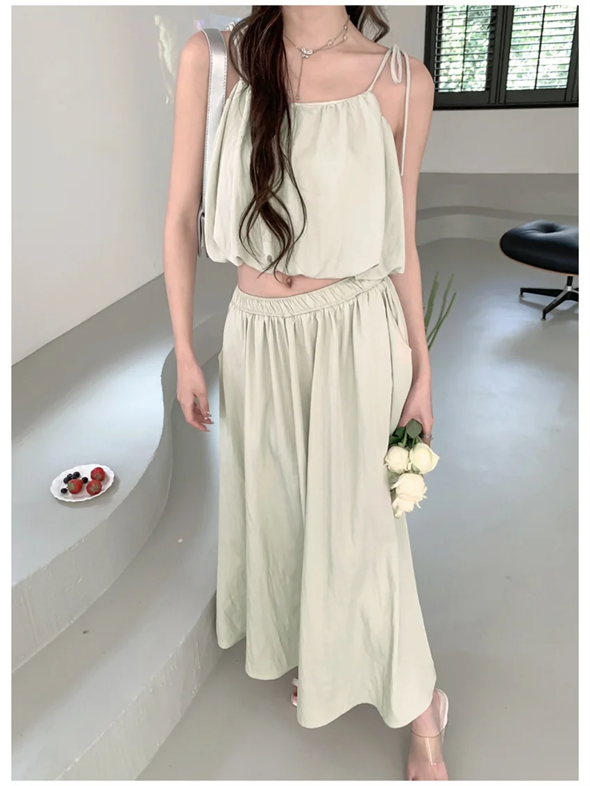 

PLAMTEE 2023 Solid Tank Tops Gentle Loose Fashion Women Summer OL Sets Long Dress New Casual Minimalist Office Lady Slim Suits