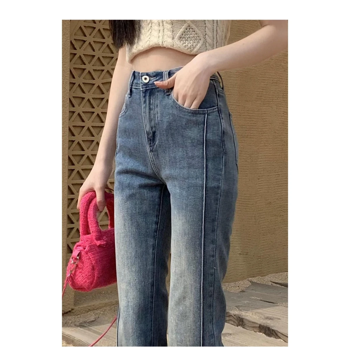

High Waist Slimming Denim Jeans Women's Spring Autumn plus Size Flared Pants Cotton Polyester Blend Comfortable Straight Leg