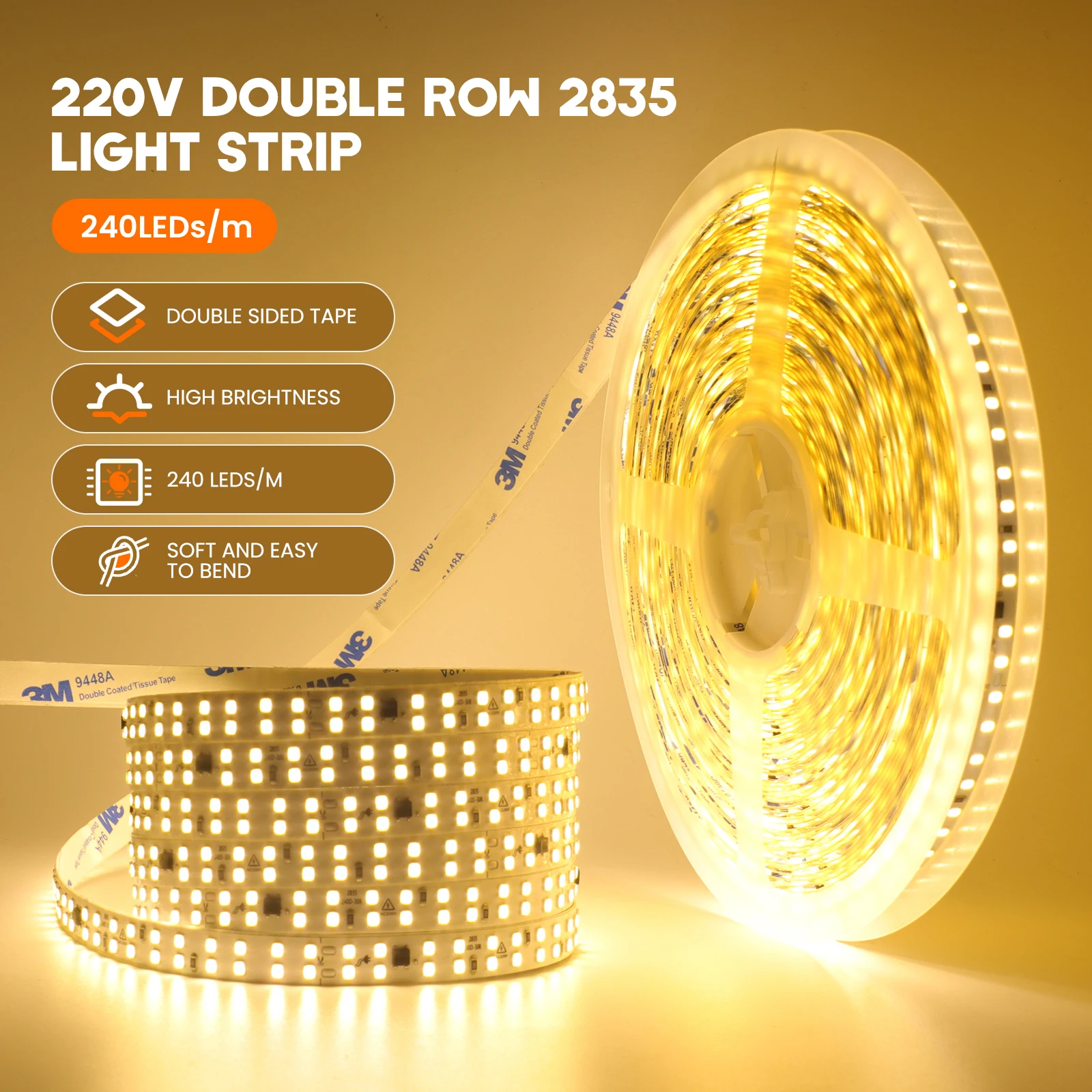 5M 10M 20M/Roll LED Strip Light AC 220V 2835 240LEDs/M Flexible Adhesive LED Tape Double row Waterproof Led Ribbon Rope Light