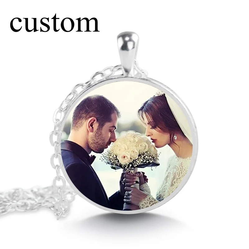 Custom Photo Cabochon Glass Necklace Personalized Logo Pendant Necklace Customized Picture Jewelry Christmas Gift