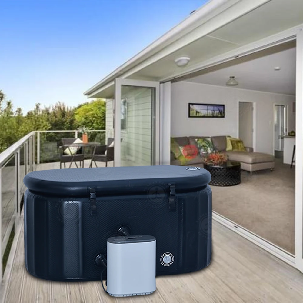 Jacuzzi Inflable Ovalado con Tecnología Drop Stitch, Bañera de Hidromasaje con Acabado Madera, Piscina Spa para 6-8 Personas, Uso en Interiores y Exteriores, Sistema de Baño de Agua Fría