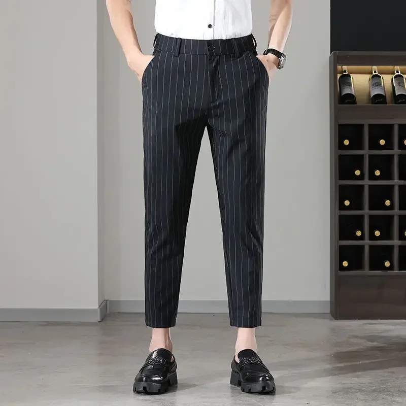 Calças de terno masculino de ajuste fino, roupas de primavera, roupas de trabalho de alta qualidade, oferta de comentários coreanos, muitos novos em up, calças de ternos masculinos