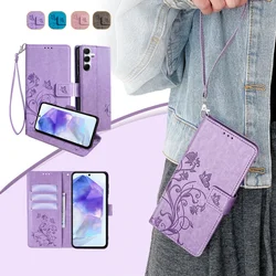 Butterfly Embossed Solid Color Flip Cover For Samsung Galaxy A55 A35 A15 A25 A54 A34 A24 A14 A53 A33 Magnetic Buckle Phone Case
