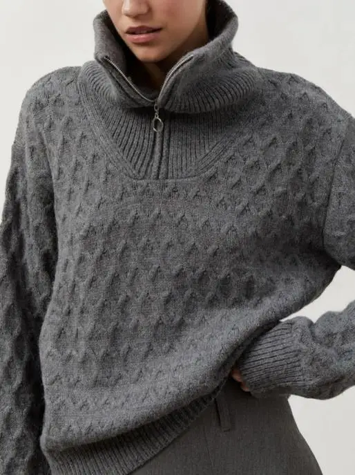 Herbst und Winter 2025, Damen-Pullover, lässig, einfach, einfarbig, Stehkragen, Reißverschluss, Diamant-Jacquard, locker gestrickt, langärmelig