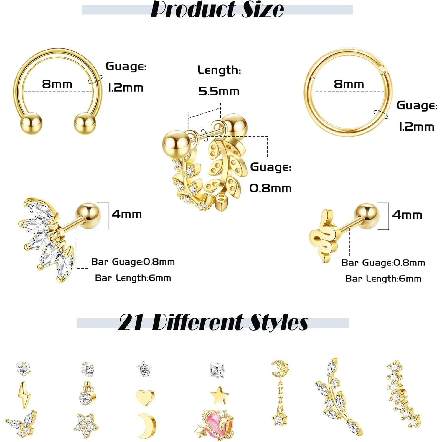 Drperfect Cartilage Earring Set for Women 20G 16G Stainless Steel CZ Lightning Stud Hinged Hoop Earrings Helix Tragus