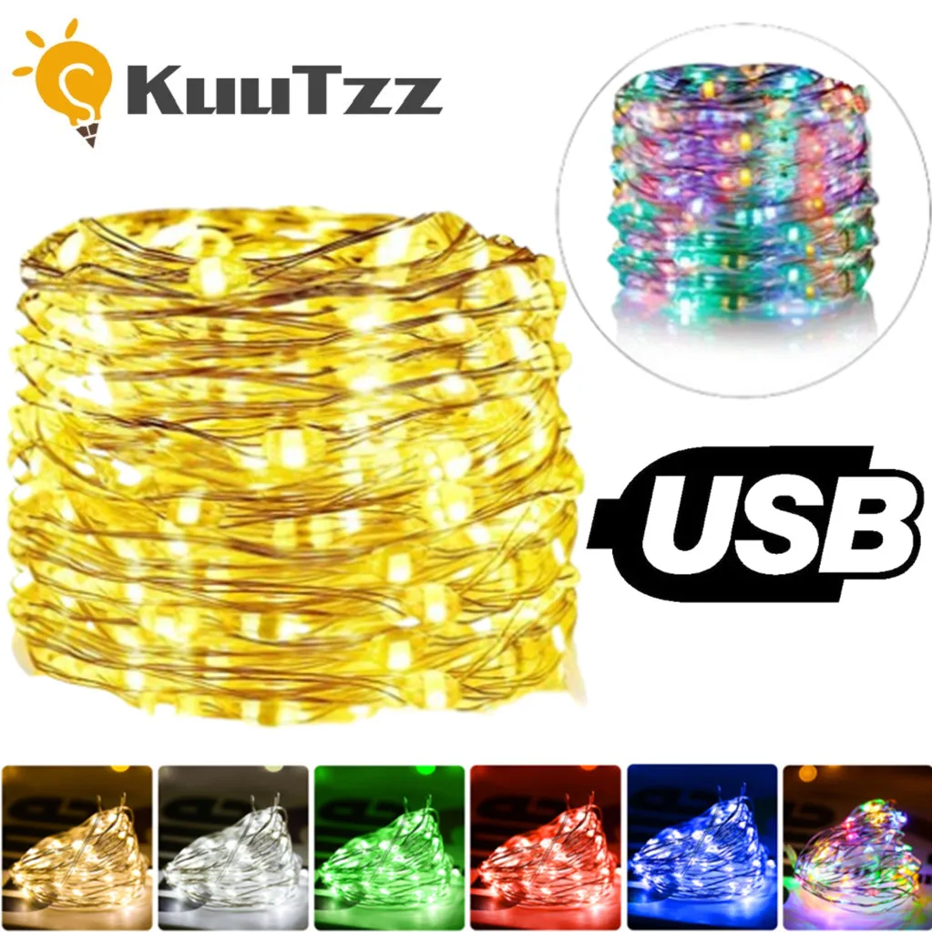 USB LED Copper Silver Wire String Lights, Luzes de fadas impermeáveis, Guirlanda de luz para o Natal, Decoração de casamento, 10m