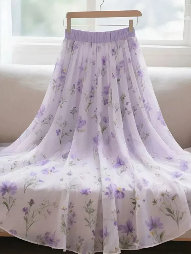 Zoki Purple Floral Chiffon Long Skirt Women High Waist Sweet Vintage Elegant Skirts Korean Casual Summer Soft Retro Long Skirts