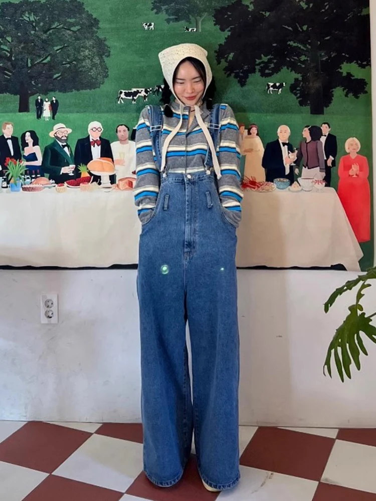 Retro Waed Blue Denim Overalls Damen Frühjahr New Sle Age-Defng Button-Up Trägerhose Hohe Taille Jeans mit weitem Bein