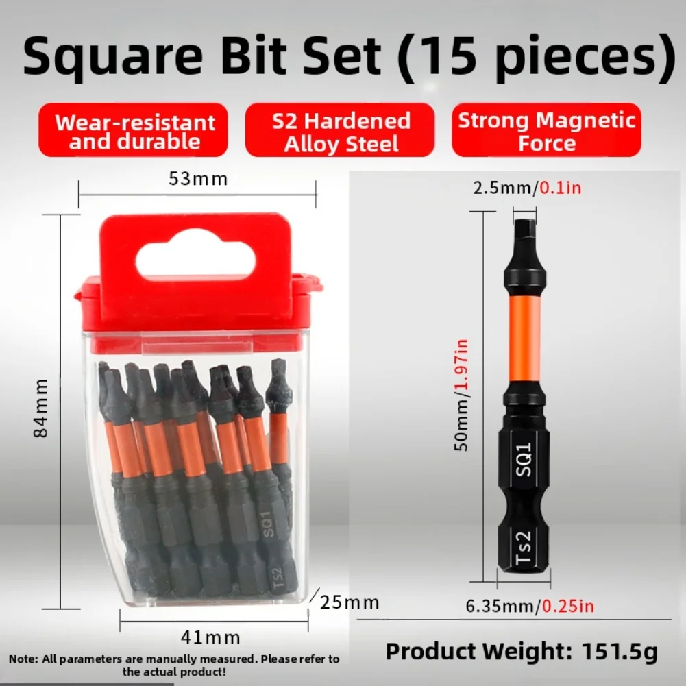 

For Impact Wrench Torque Square Bit Set For Workshop Use 15-piece 50mm SQ1 SQ2 SQ3 Sizes Permanent Magnetic Tip