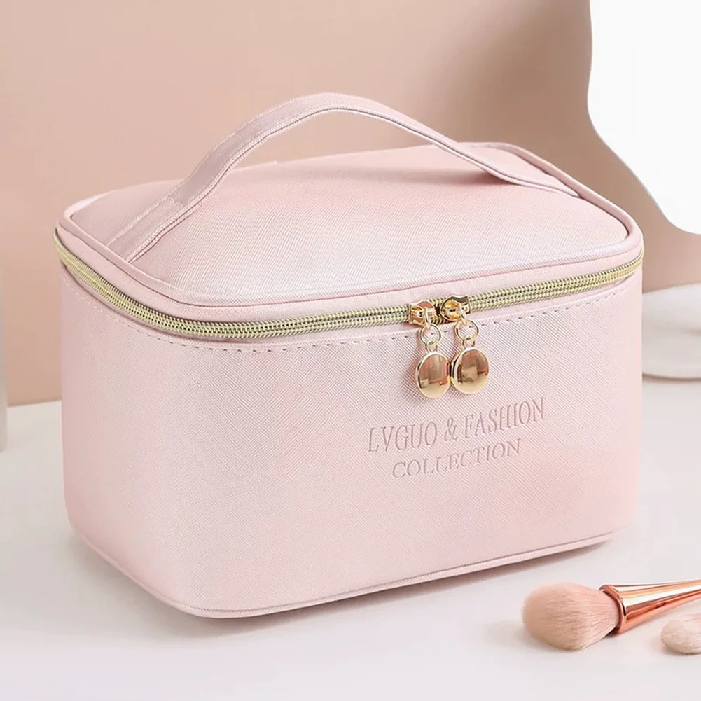 Neceser grande de piel sintética para mujer, bolsa de cosméticos resistente al agua con cremallera, organizador de maquillaje para lavado de viaje, estuche de belleza