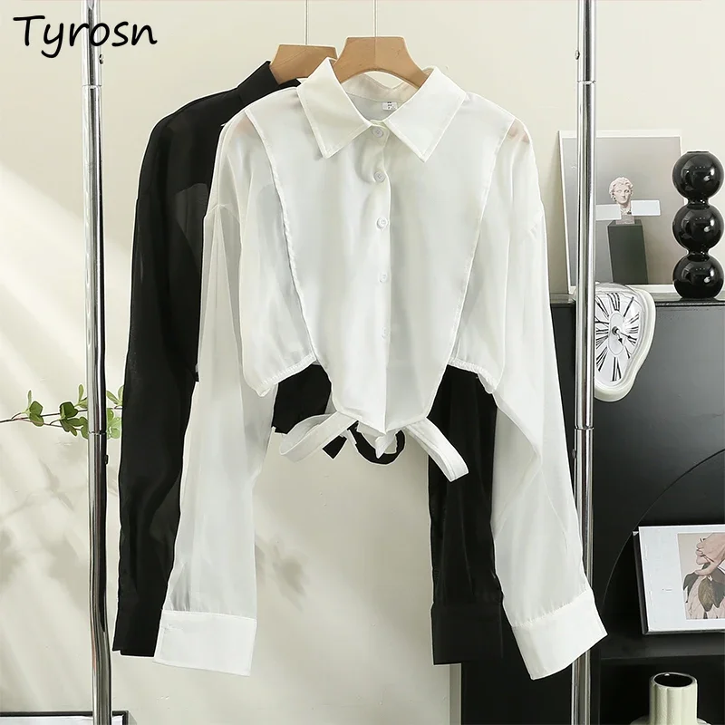 

Рубашки женские, однотонные, повседневные, в корейском стиле, шифоновые, на пуговицах, элегантные, для девочек, свободные, с открытой спиной, сексуальный дизайн с длинными рукавами, базовая весенняя мода