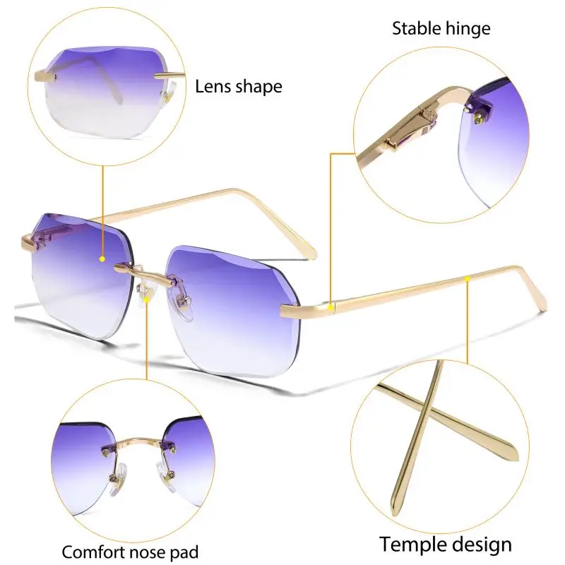 CATERSIDE Vintage Rahmenlose Herren-Sonnenbrille mit Designgläsern und Metallbügeln, Damen-Sonnenbrille für Party und Reisen – Detail 17