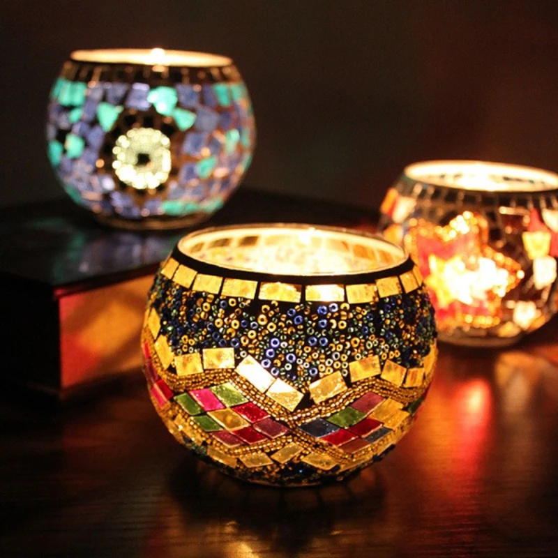 Large Colored Mosaic Glass Candle Holder European Retro Decoration Bar Candle Cup Home Wedding Decoration Candle Holders