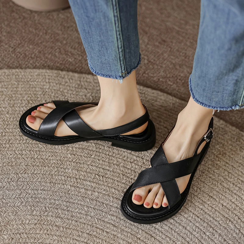 JOZHAMTA Size 34-40 Flats Sandals Women Summer 2023 Genuine Leather Low Heels Shoes For Women Rome Fashion Platform Sandals