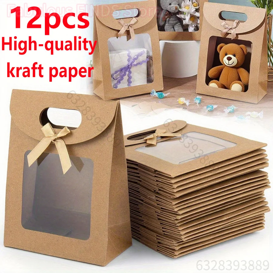 12 bolsas de regalo de pie Kraft marrón con ventana transparente, asa y cinta para envolver regalos, cumpleaños, Navidad, Acción de Gracias.