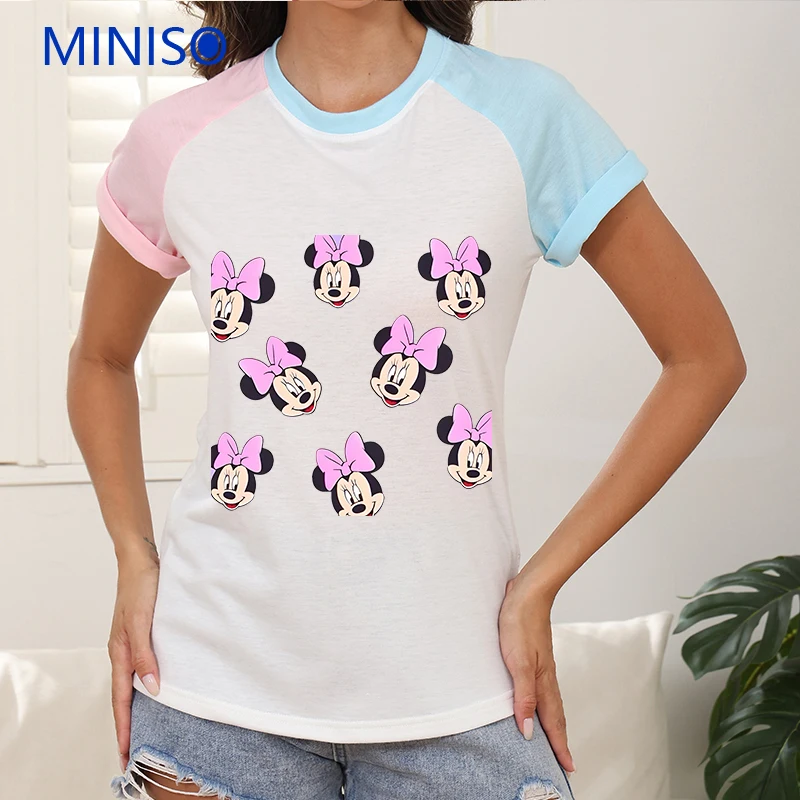 

Summer Short Sleeve Tops Ladies Y2k t-Shirt Custom T Shirt Cartoon Clothes Trends Disney Mickey Minnie Tees New Woman Clothing