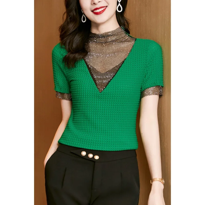 Black Green Short Sleeve T Shirt Women Turtleneck Diamonds Hollow Out Sexy Tight Elastic Office Womens Tee Shirts Elegant