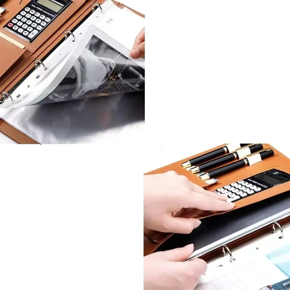 Aktentasche aus Leder im A4-Format, ausgestattet mit Taschenrechner und Stifthalter, professionelle Version, Aktentasche mit 4 Ringen, geeignet für verschiedene Orte