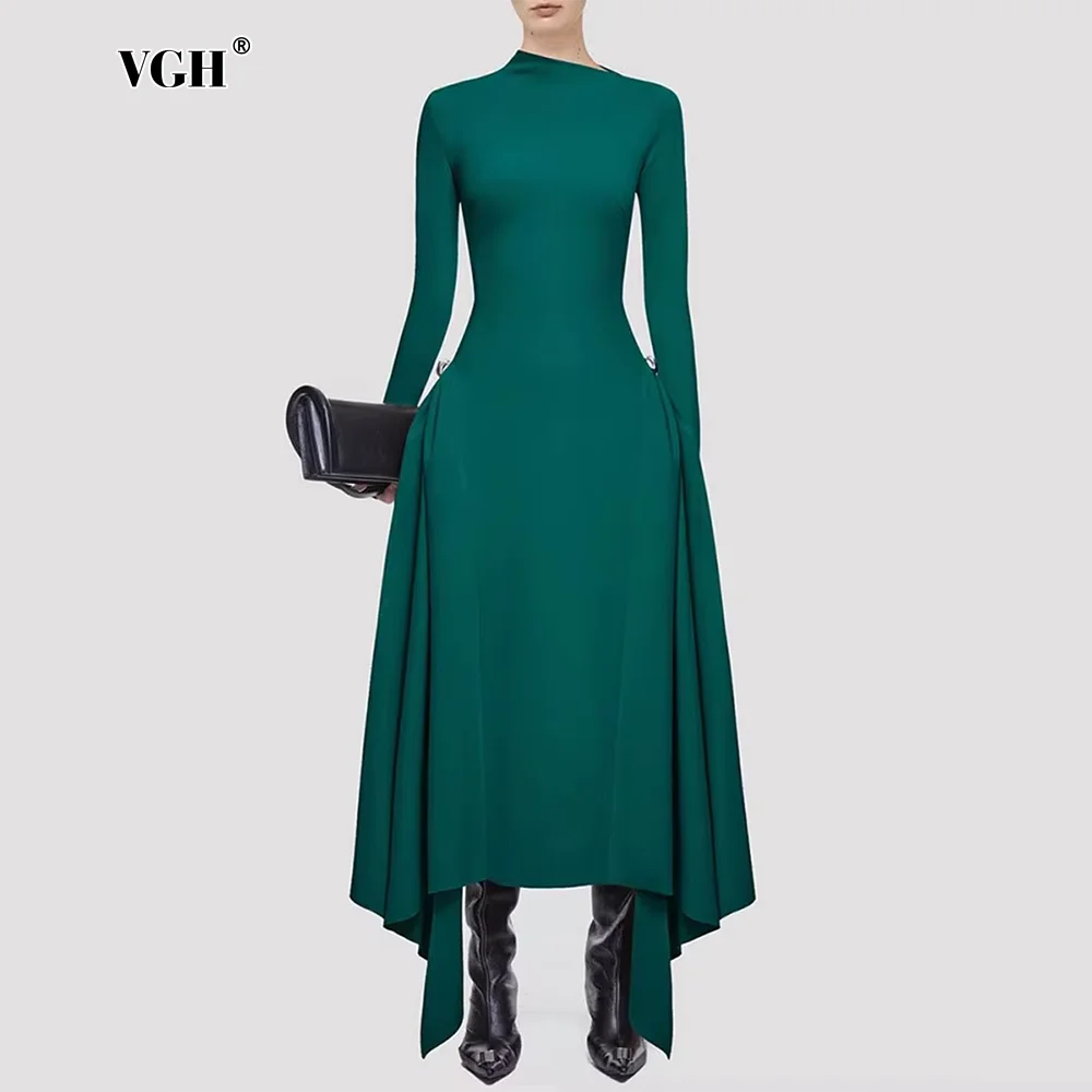 

VGH Temperament Soild Party Dresses For Women Diagonal Collar Long Sleeve High Waist Asymmetrical Hem A Line Dress Female Style