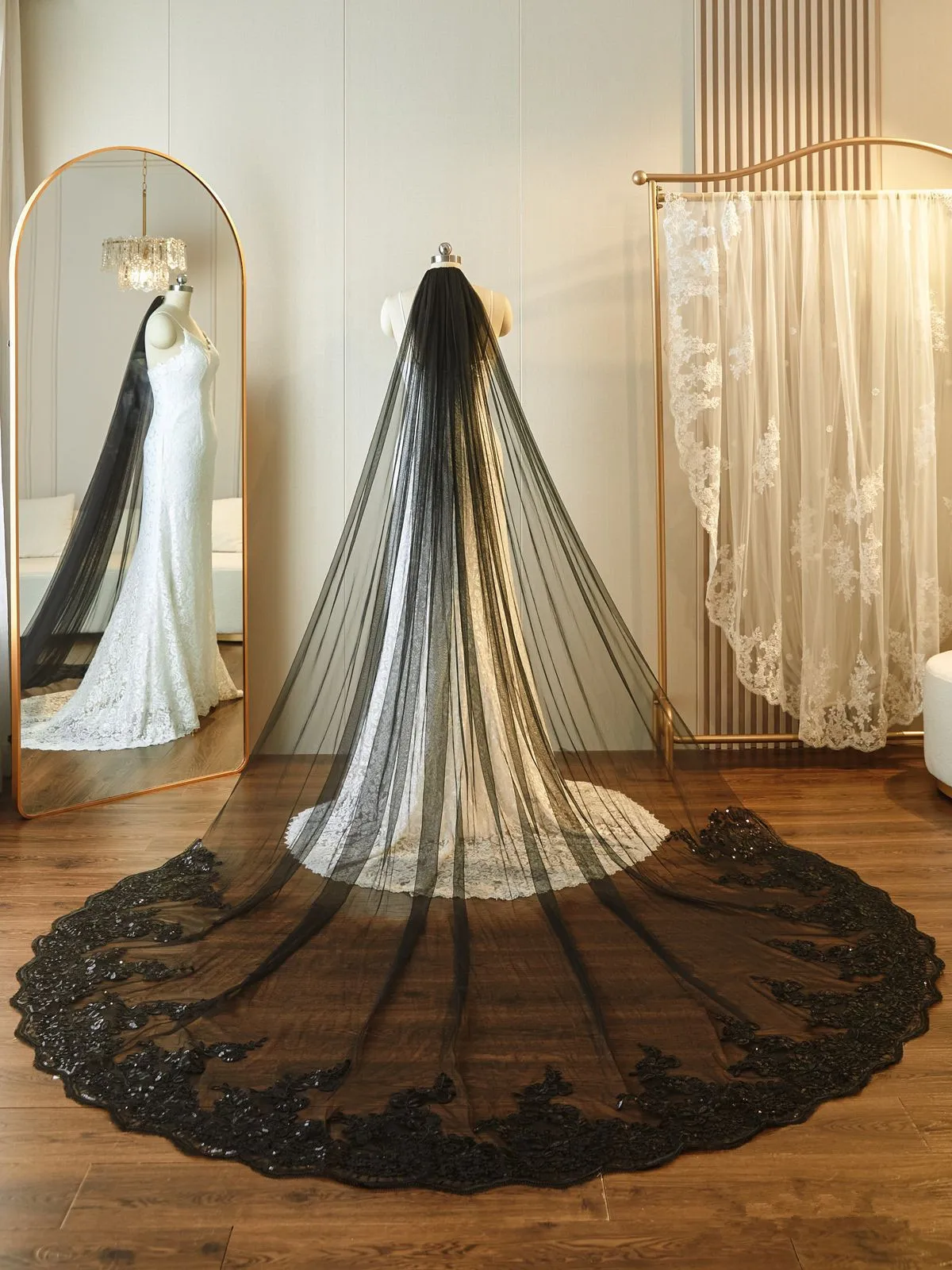 Black Wedding Veil , Lace Cathedral Veil , Long Bridal Veil