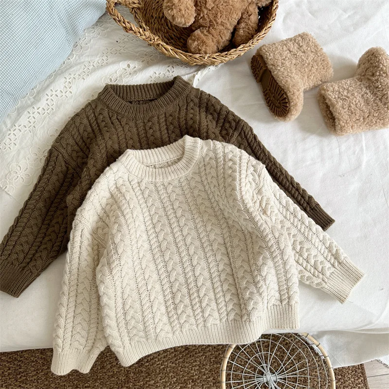 Children Sweater 2025 Winter New Retro Twist Sweater Labeling Round Neck Long Sleeve Baby Girl's Knitted Sweater Tops