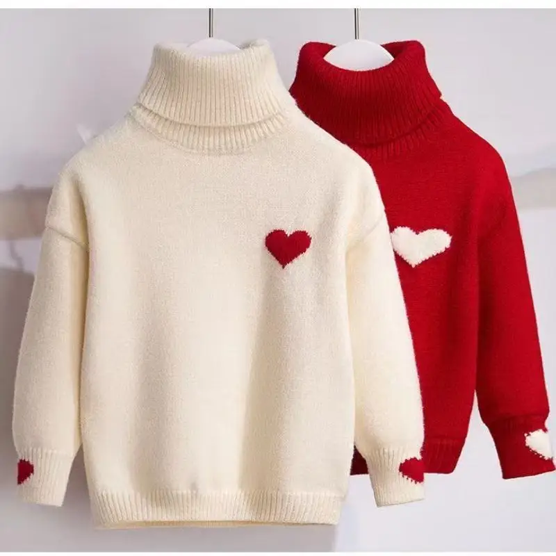 

Girls' Knitted Sweater High Fleece Lining Children's Heart-Patterned Wool Top Girls' Thickened Winter Base Layer Knit Top