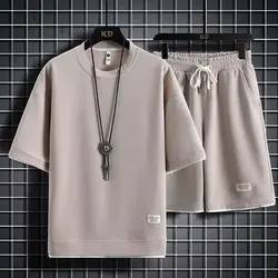 Summer Men's Large Size Sports Suit Breathable Casual Wear Wild High Street Chic Fake Two-piece Casual T-shirt + Simple Shorts