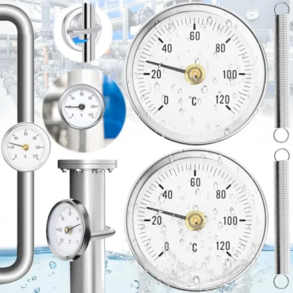 Tube Thermometer SS Pipe Thermometer Boiler Room Monitoring Sliver Stainless Steel Pipe Thermometer 2 C Precision