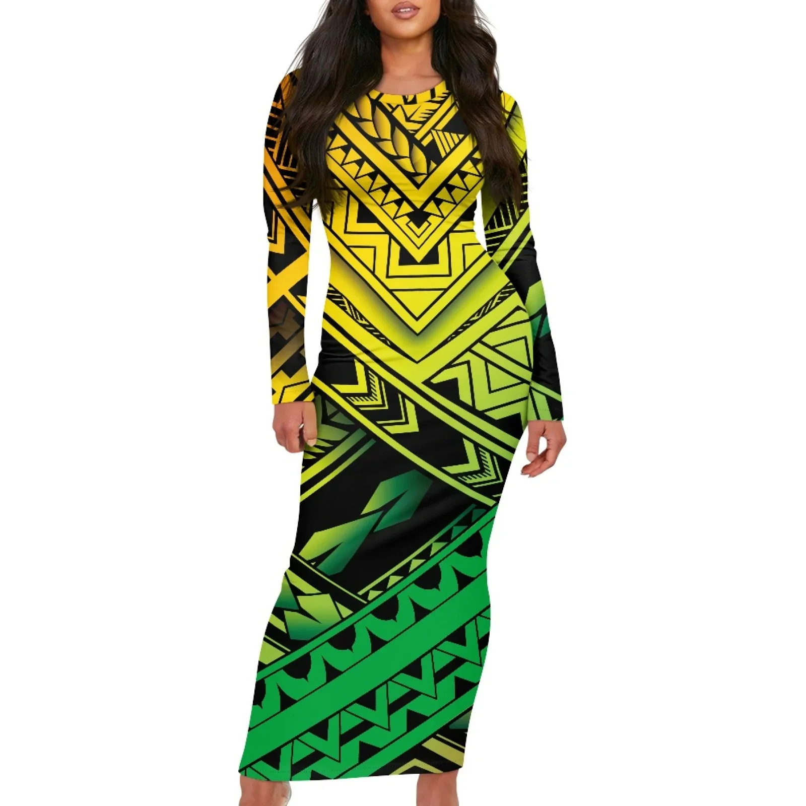 Polynesian Tribal Hawaiian Totem Tattoo Hawaii Prints Elegant Women's O-Neck Long-Sleeved Blue Dress Comfortable Knitted Fabric