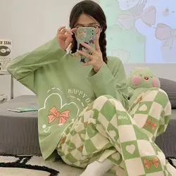 New Large Size Women's Pajama Of Casual Cartoon Spring And Autumn Ladies Pajamas Suit Cotton Long-sleeved Student Homewear Suit